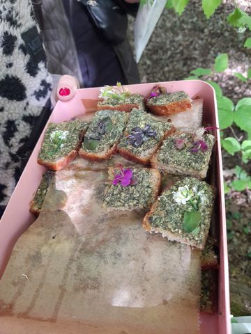 ein Tablett mit Schnittchen, die mit Kräutern und Blumen belegt sind