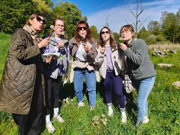 5 Frauen, die Pusteblumen pusten