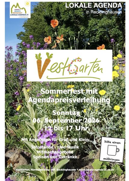 Auf dem Plakat wird ein Bild des VEST-Gartens gezeigt mit dem Datum der Veranstaltung