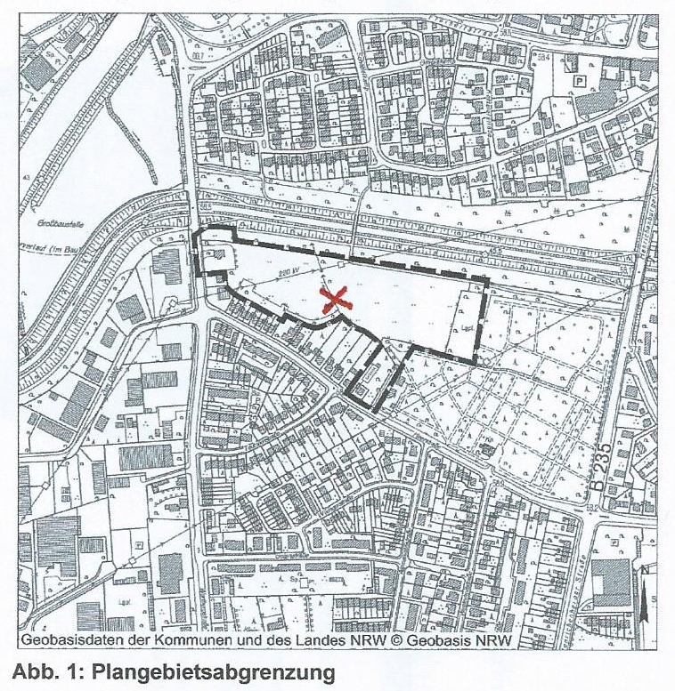 Ausschnitt aus einer Stadtkarte von Castrop-Rauxel, in der die Grenzen des Bebauungsplanes 245 markiert sind. Ein rotes Kreuz zeigt den Standort der Alten Eiche an. 